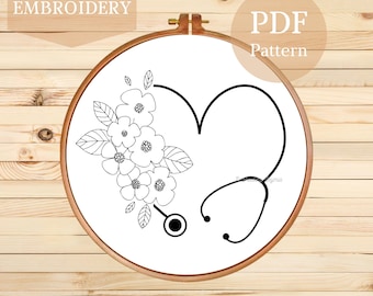 Patrón de bordado a mano de estetoscopio con forma de corazón floral: Arte de aro médico (patrón PDF)