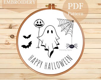 Halloween Ghost Embroidery Pattern: Spooky Spider Web & Bats (PDF Download)