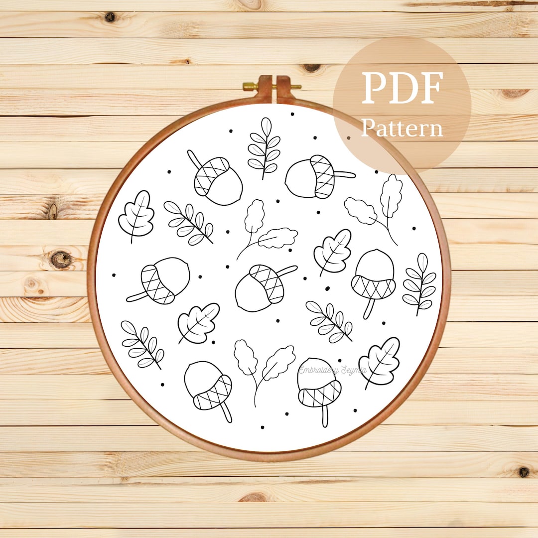 Fall Leaves Embroidery Pattern: Autumn Acorns DIY Template (PDF Pattern ...