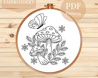 Broderimönster med svamp och fjäril: Cottagecore blommönster (PDF)