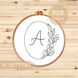 Floral Alphabet Stickerei PDF Muster - Sofortiger digitaler Download, 26 Floral Monogramm Buchstaben, Buchstabe Stickerei mit Blumen