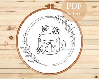Pumpkin Spice Latte Hand Embroidery Pattern: Autumn Floral Design (PDF Pattern)