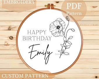 Poppy Hand Embroidery Design: August Birth Flower Custom Birthday PDF Pattern (Digital Download)
