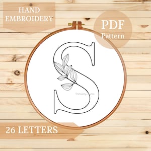 Floral Alphabet Embroidery PDF Pattern - Instant Digital Download, 26 Floral Monogram Letters, Letter Embroidery Design with Leaves