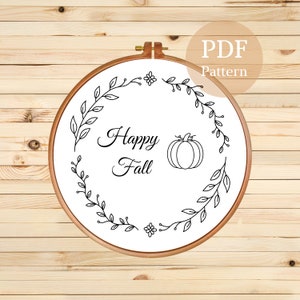 Patrón de bordado &quot;Happy Fall&quot;: Hojas de otoño y calabaza (PDF)
