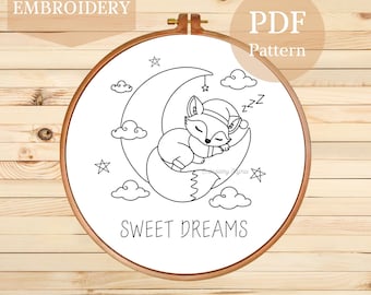 Fox Embroidery Pattern: Sweet Dreams Kids Room Decor (PDF Downloadable Template, 3-8 inch Hoops)