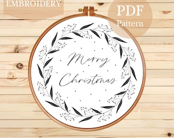 クリスマスリースの手刺繍パターン：花のフープアート（PDFパターン）