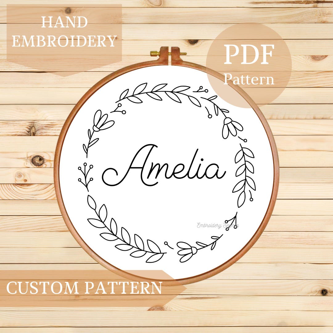 Custom Name Hand Embroidery Pattern PDF, Personalized Floral Wreath ...
