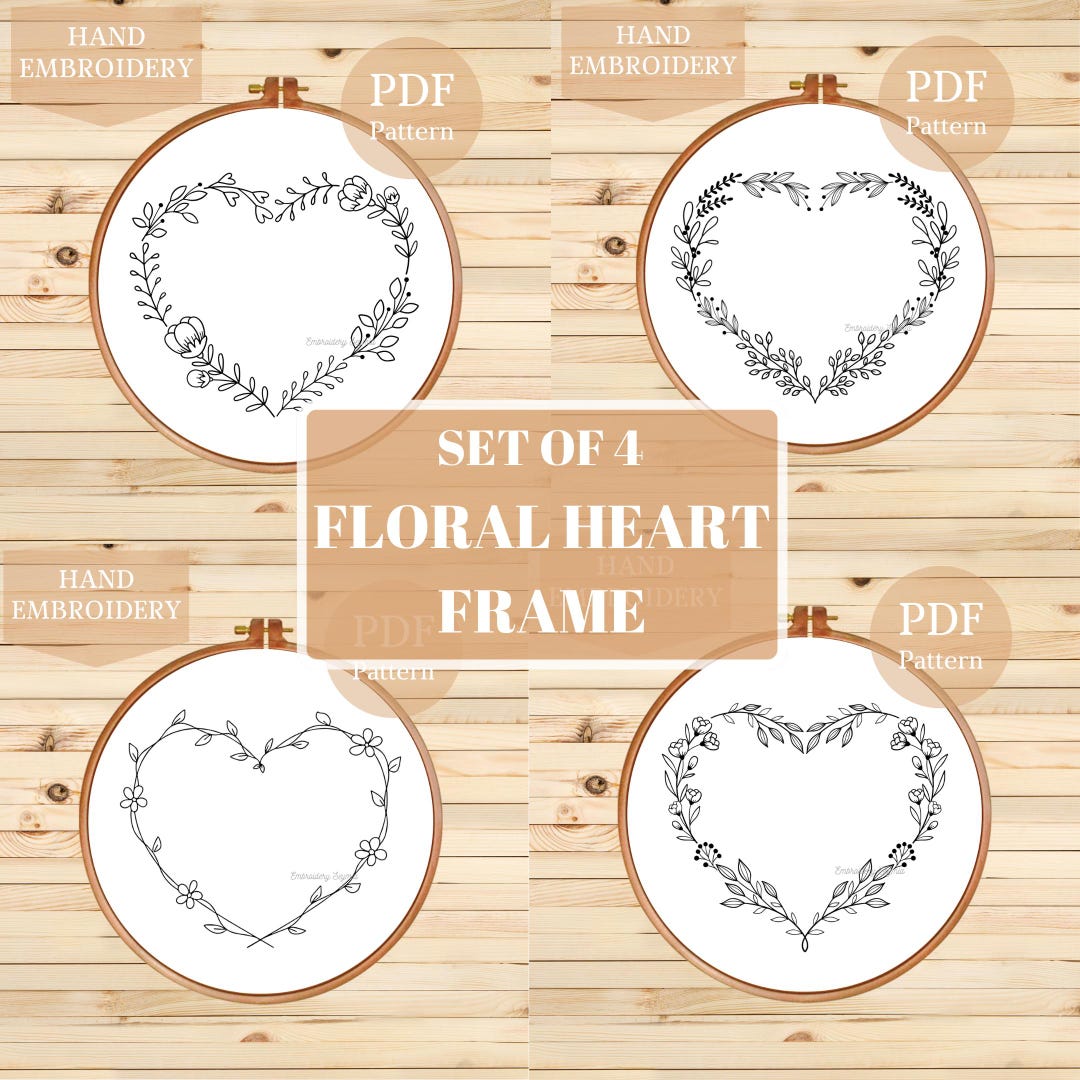 Floral Heart Frame Hand Embroidery Pattern Set | Flower Heart Shape ...