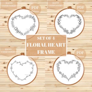 Blumen Herz Rahmen Hand Stickmuster Set | Blumen-Herz-Form-Kranz-Bundle (PDF-Vorlage)