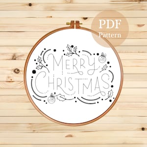 Merry Christmas Hand Embroidery Pattern, Christmas Embroidery Pattern, Embroidery Hoop Art, Embroidery Template, PDF Pattern