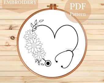 Patrón de bordado a mano de estetoscopio con forma de corazón floral: Arte de aro médico (patrón PDF)