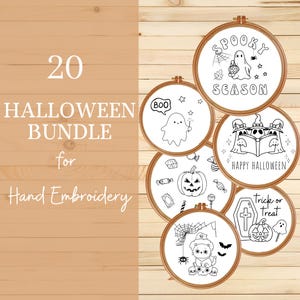 Peut inclure: Un ensemble de broderie à la main sur le thème d'Halloween avec 20 motifs, dont un fantôme, une citrouille et un chat. Les motifs incluent les textes "Spooky Season" et "Happy Halloween" dans des cerceaux en bois.