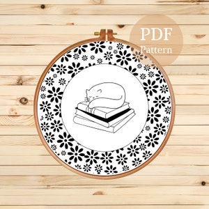 Floral Cat Embroidery Pattern: Modern Hand Stitch Template (PDF Pattern)