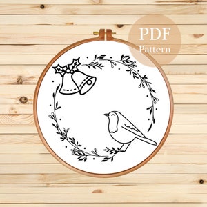 Christmas Bird Wreath Hand Embroidery Pattern, Christmas Embroidery Pattern, Embroidery Hoop Art, Embroidery Template, PDF Pattern
