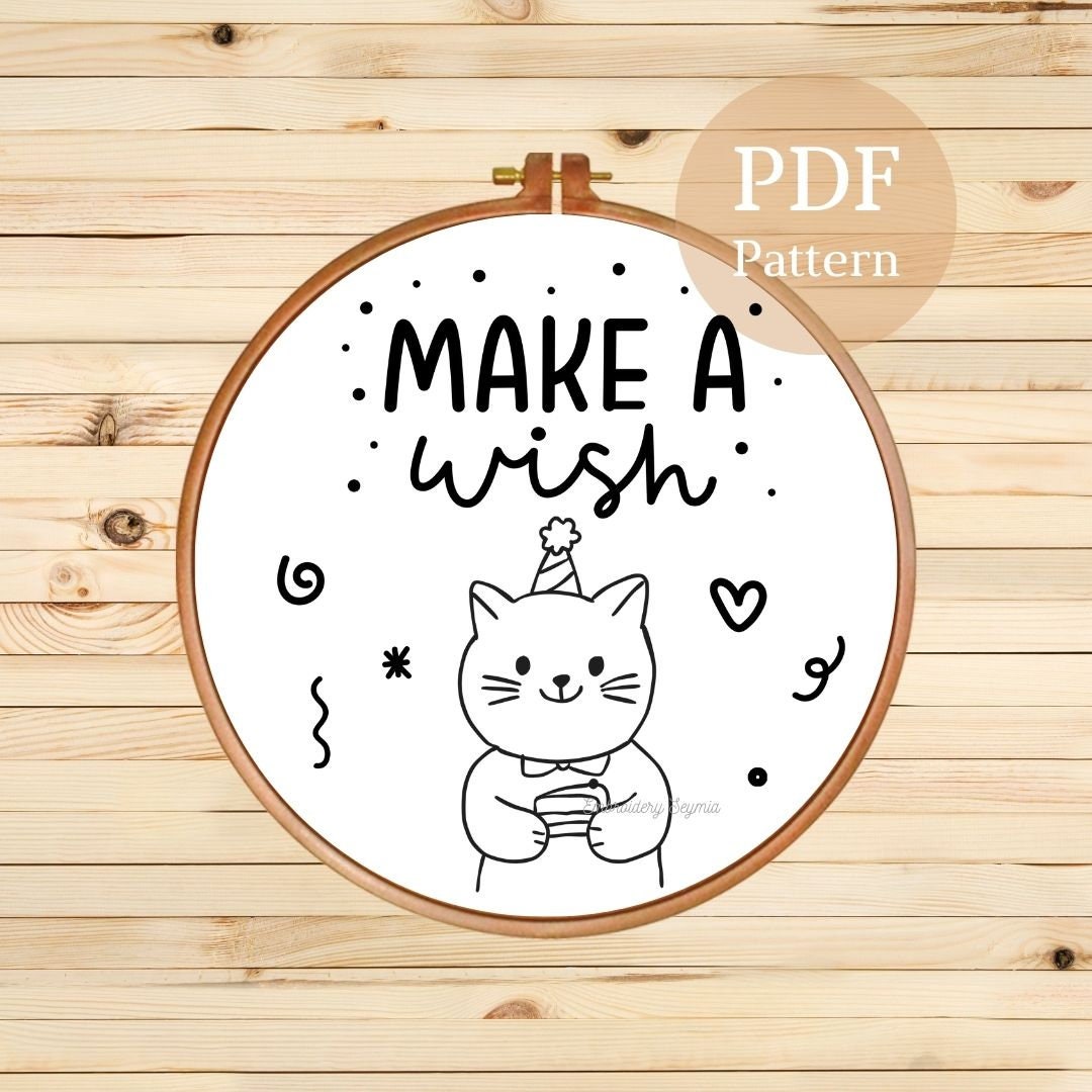 Birthday Cat Hand Embroidery Pattern: Make A Wish (PDF Pattern) - Etsy
