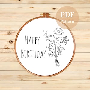 Floral Happy Birthday Embroidery Pattern (PDF Download)
