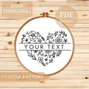 Puede incluir: Un patrón de bordado en blanco y negro de un corazón hecho de flores y hojas con el texto "YOUR TEXT" en el centro. El patrón se muestra en un aro de bordado blanco sobre un fondo de madera.