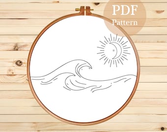 Wave and Moon Line Art Hand Embroidery Pattern (PDF Pattern)