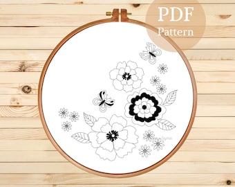 Floral Hand Embroidery Pattern: Flower & Butterfly Design (PDF Pattern)