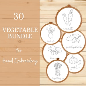 May include: Six embroidery hoops feature line drawings of vegetables: carrots, radish, broccoli, sweet potato, garlic, and asparagus. The text "30 VEGETABLE BUNDLE for Hand Embroidery" is displayed on a wooden background.