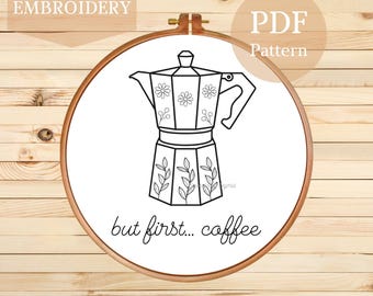 Coffee Moka Pot Embroidery Pattern: Floral Design (PDF Pattern)