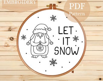 Let It Snow Hand Embroidery Pattern: Winter Penguin Design (PDF Pattern)