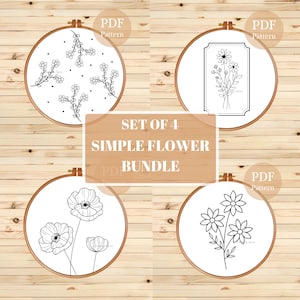 Floral Embroidery PDF Pattern: Simple Flower Hand Embroidery Bundle (Set of 4)