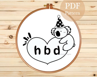 Cute Koala Embroidery Design, Instant Download PDF Hand Embroidery Happy Birthday Pattern, Embroidery Designs