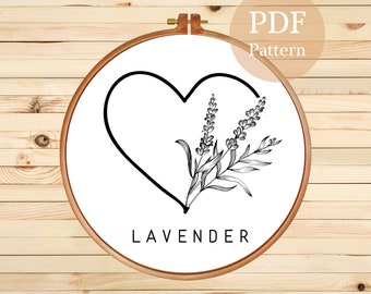 Lavender Heart Embroidery Pattern: Floral Design (PDF Pattern)