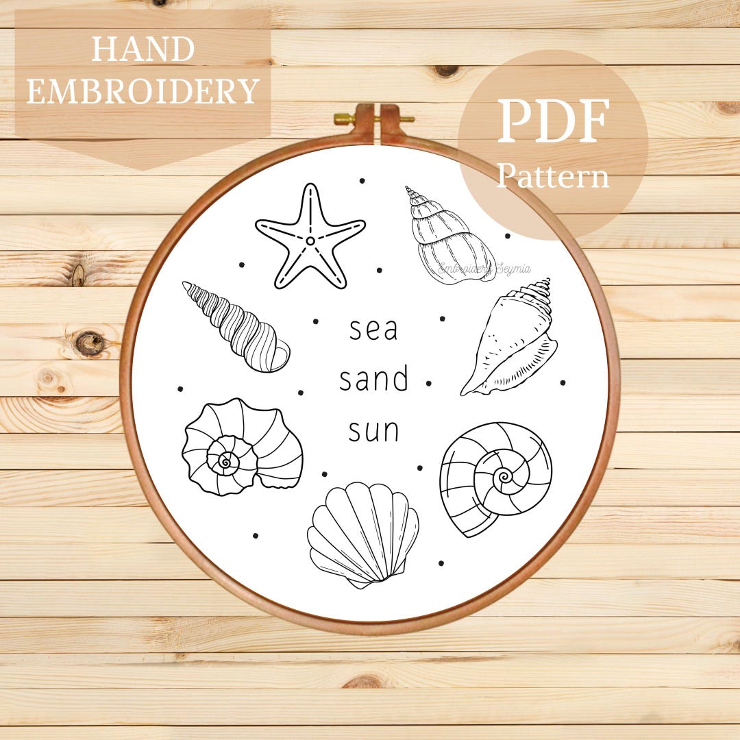 Beach Hand Embroidery Pattern: Seashells, Starfish, Ocean (PDF Pattern ...