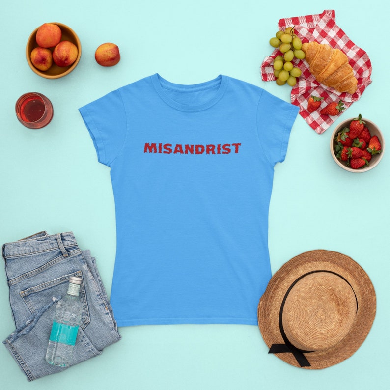 May include: A light blue t-shirt with the word "MISANDRIST" printed in red on the front.