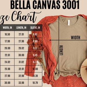 May include: Size chart for Bella Canvas 3001 t-shirts, showing width, length, and sleeve measurements in inches for sizes XS to 4XL.