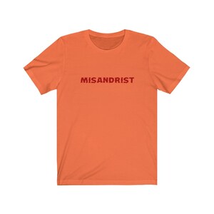 May include: Orange short-sleeved t-shirt with the word "MISANDRIST" printed in red on the front.