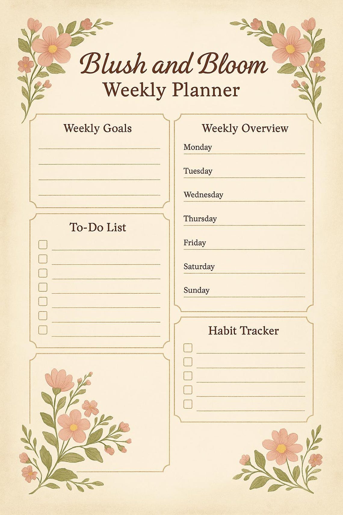 Blush & Bloom Weekly Planner Printable | Cottagecore Floral PDF ...