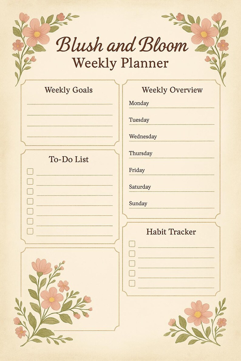 Weekly Bloom Chart Blush & Bloom Weekly Planner Printable | Cottagecore Floral PDF ...