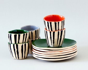 80 ml Small Handmade Ceramic Espresso Cup Set With Black Stripes, Cup With Saucer Perfect For Coffee, Tea, or Matcha