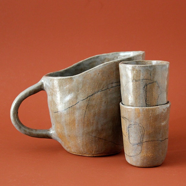 Handmade Rustic Stoneware Jug, Cups & Plate Set, For Serving Drinks And Snacks , Perfect For Modern Down-To-Earth Style Interior