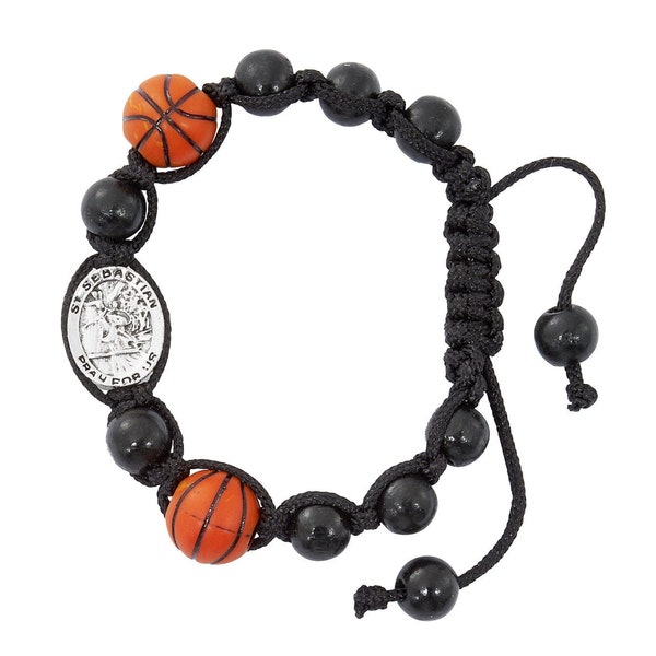 Adjustable Black Corded Bracelet with Basketball Beads and St. Sebastian Medal BR736C mv