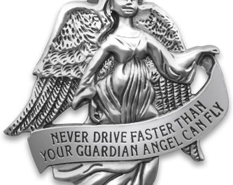 Never Drive Faster Than Your Guardian Angel Can Fly Pewter Auto Visor Clip 2" Length CP133P HJS