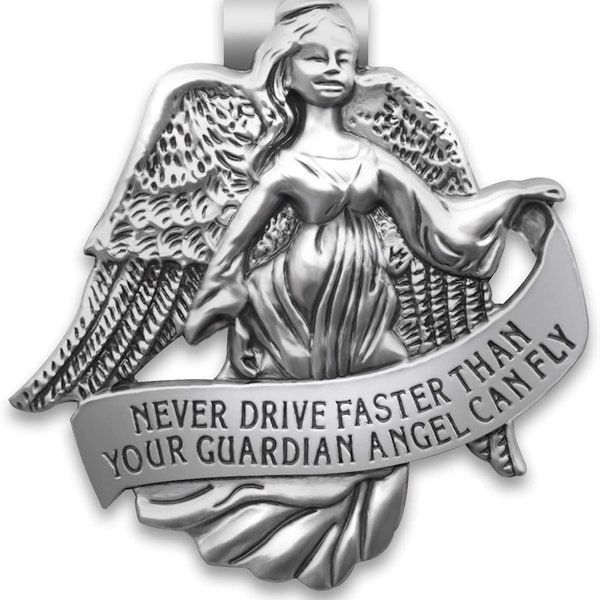 Never Drive Faster Than Your Guardian Angel Can Fly Pewter Auto Visor Clip 2" Length CP133P HJS