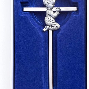Silver Boy Wall Cross, Blessing Baby Metal Cross, Praying Boy Plaque Wall Decor Cross, Great for Baptism, Perfect for First Holy Communion,
