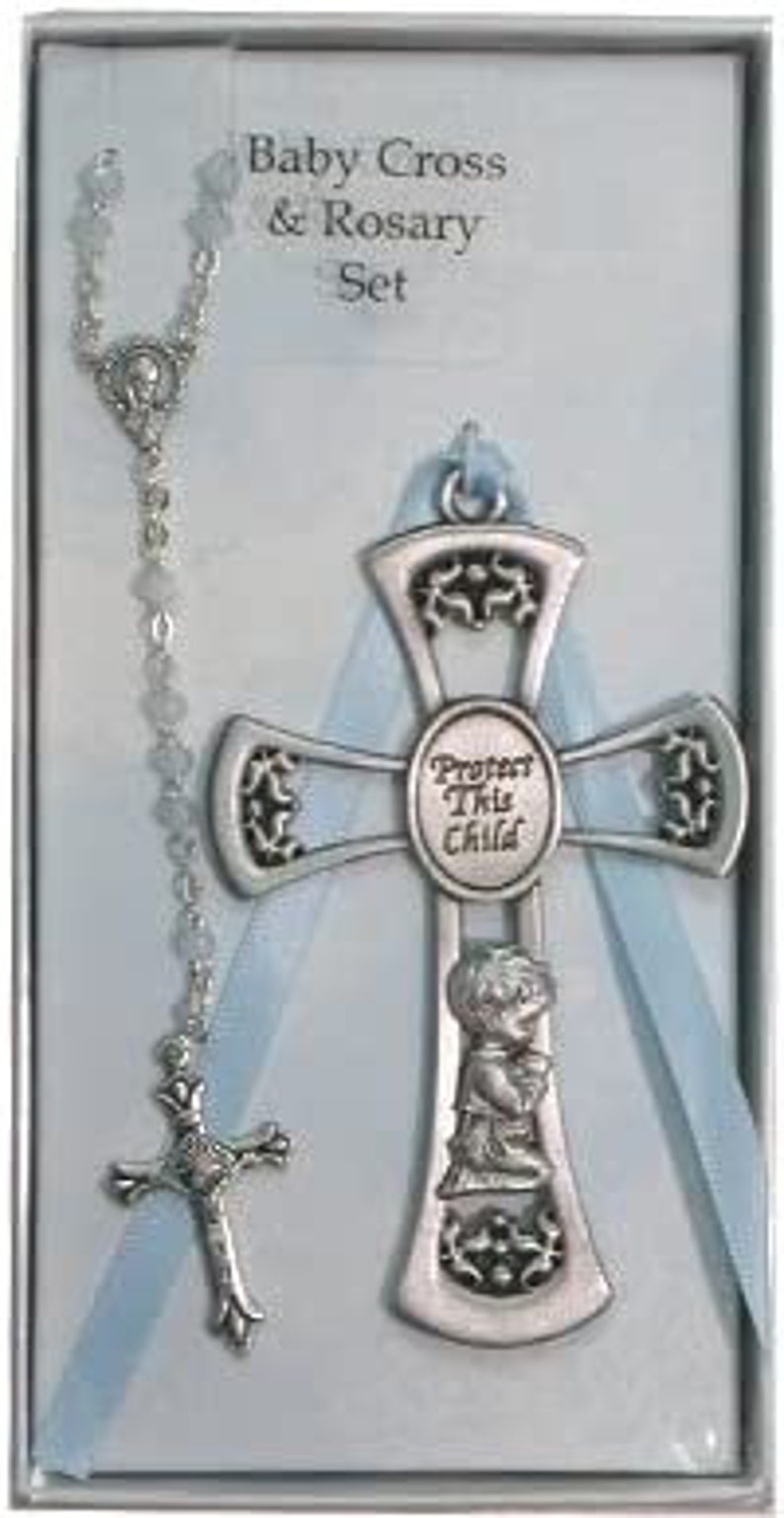 Pewter Baby Boy Cross Crib Medal & Rosary Set Childrens Etsy