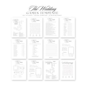 May include: A collection of white wedding game templates with black text. The templates include crossword puzzles, word searches, and fill-in-the-blank games. The text includes "The Wedding Games Template" and "Mr & Mrs".