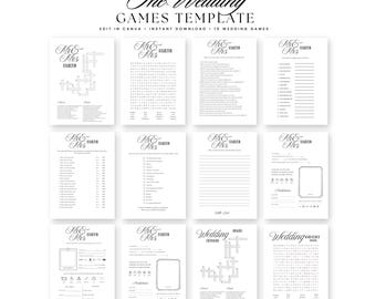 May include: A collection of white wedding game templates with black text. The templates include crossword puzzles, word searches, and fill-in-the-blank games. The text includes "The Wedding Games Template" and "Mr & Mrs".