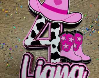 Cow girl cake topper , farm birthday , rodeo birthday ideas , cow print birthday decorations , toddler girl party ideas ,4 years old