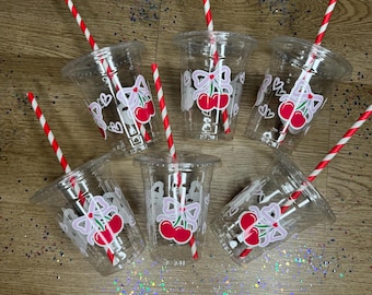 Cherry and bows birthday , cherry theme birthday cups , cherry on top birthday decor , fruit birthday ideas , bow party decor , cherries
