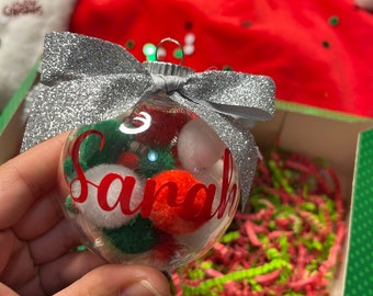Personalized ornaments with bow , Christmas ornaments , Christmas decor , ornaments with puff balls , ornaments , Christmas
