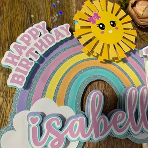 Może przedstawiać: Topper na tort w kształcie tęczy z słońcem, chmurą i imieniem "Isabella" w r&oacute;żowych literach. Tęcza jest wykonana z pastelowych kolor&oacute;w i ma błyszczące elementy. Słońce ma r&oacute;żową kokardkę i uśmiechniętą buźkę. Chmura ma małe r&oacute;żowe serduszko. Topper na tort jest idealny na przyjęcie urodzinowe.