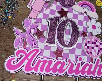 groovy cake topper , preppy cake topper , smiley face party , groovy birthday , teen girl birthday , glitter cake topper